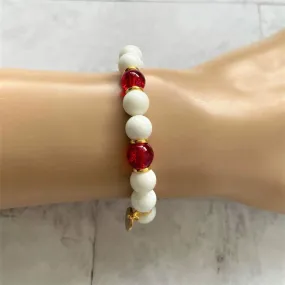 Elegant White Shell and Red Glass Bracelet