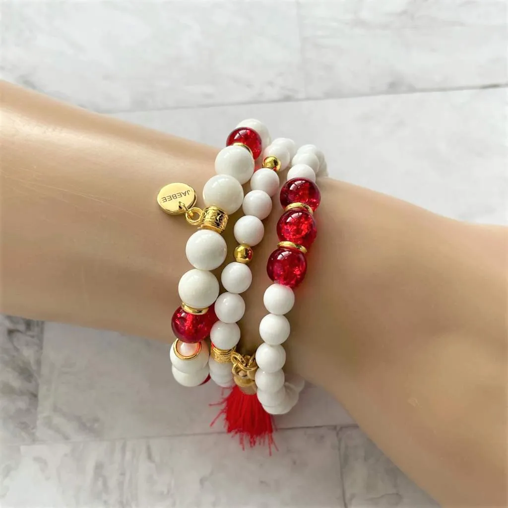 Elegant White Shell and Red Glass Bracelet