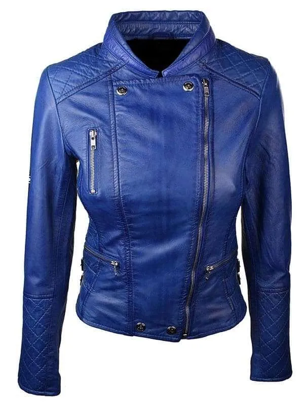 Women Slim Fit Blue Leather Jacket