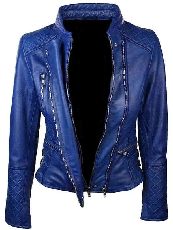 Women Slim Fit Blue Leather Jacket