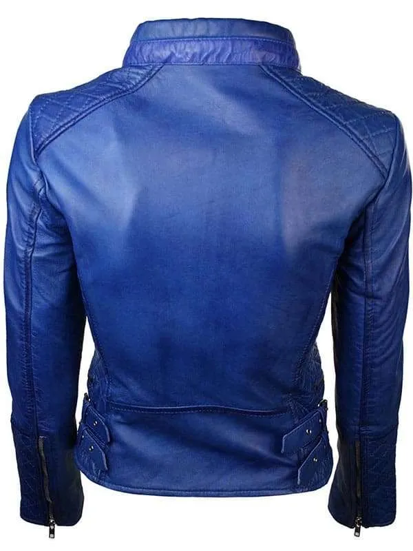 Women Slim Fit Blue Leather Jacket