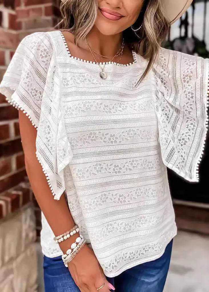 Summer White Lace Blouse with Square Collar