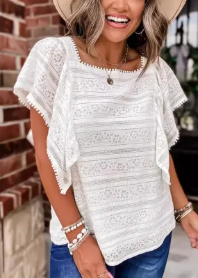 Summer White Lace Blouse with Square Collar