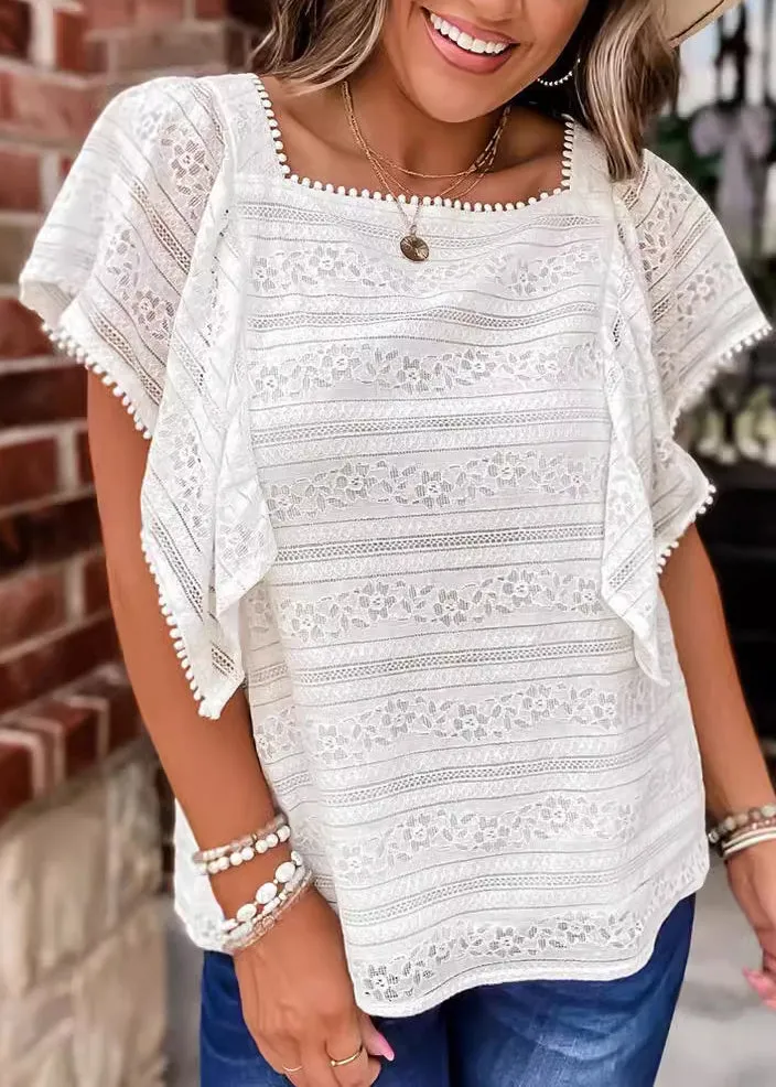 Summer White Lace Blouse with Square Collar