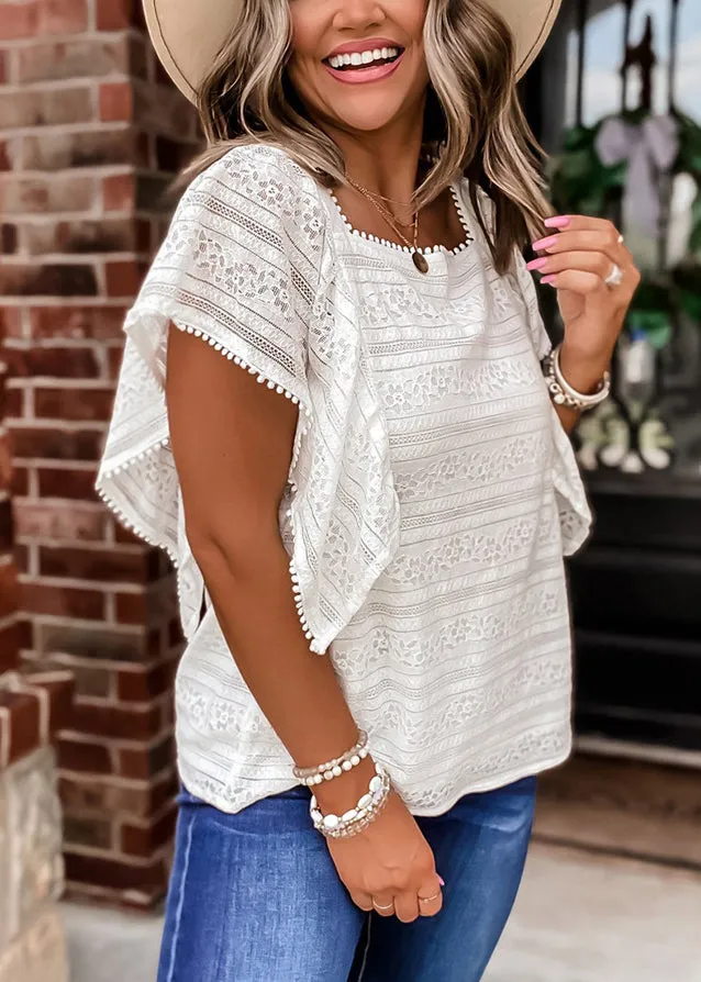 Summer White Lace Blouse with Square Collar