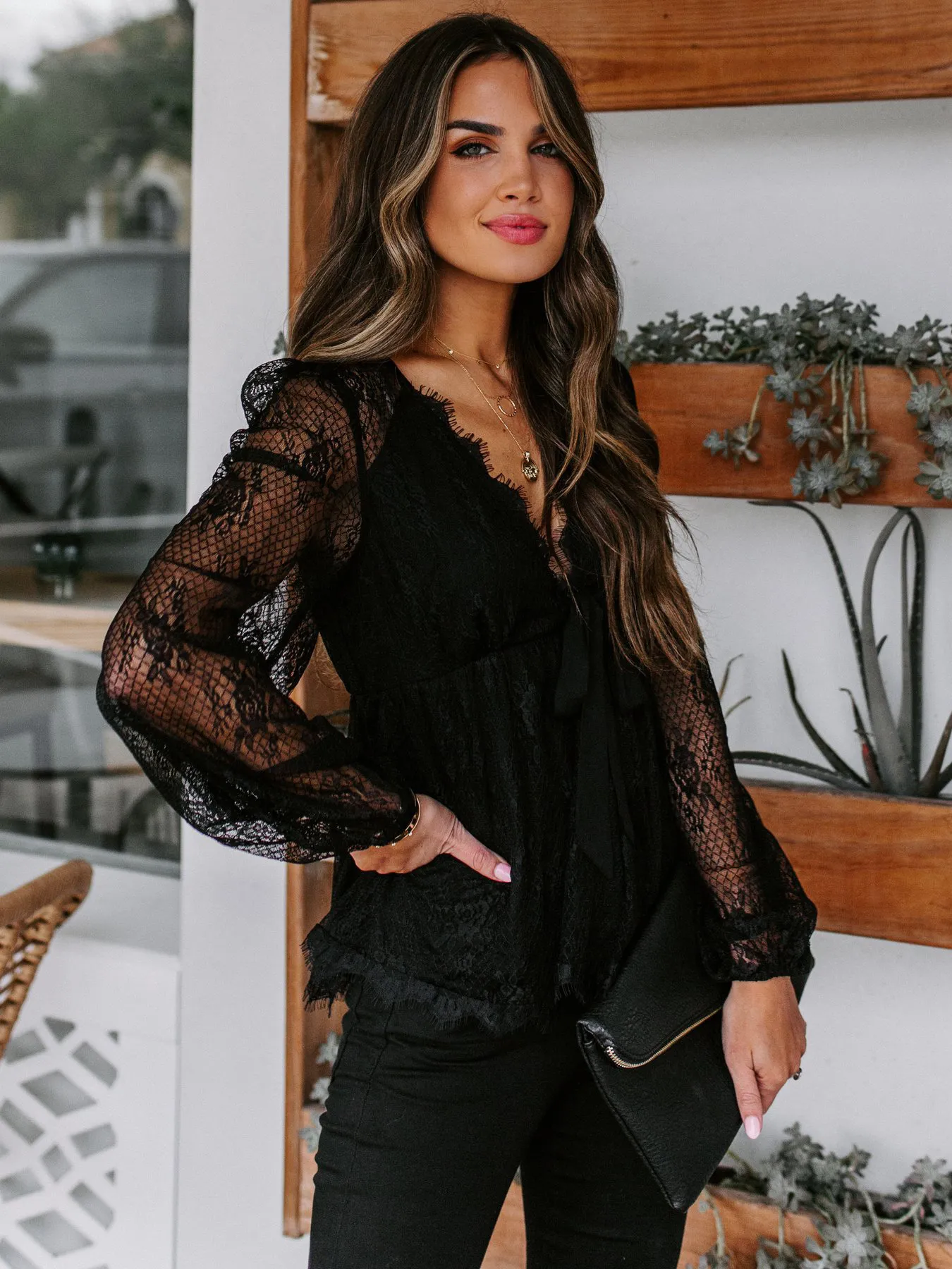 Women's Lace V-Neck Blouses Black White Sexy Long Sleeves Tops