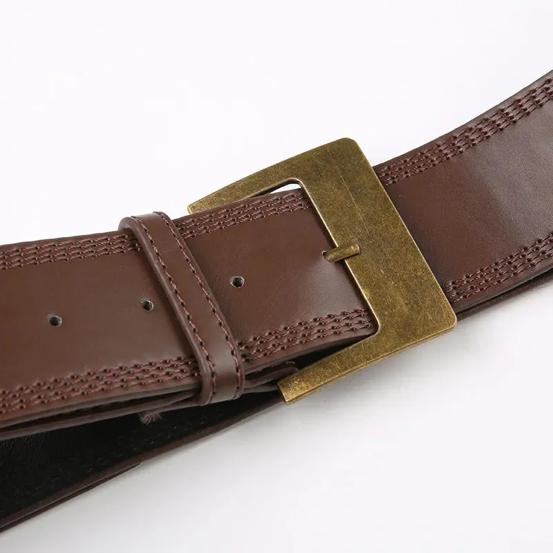 Women's Vintage Brown Leather Solid Pattern Buckle Belt