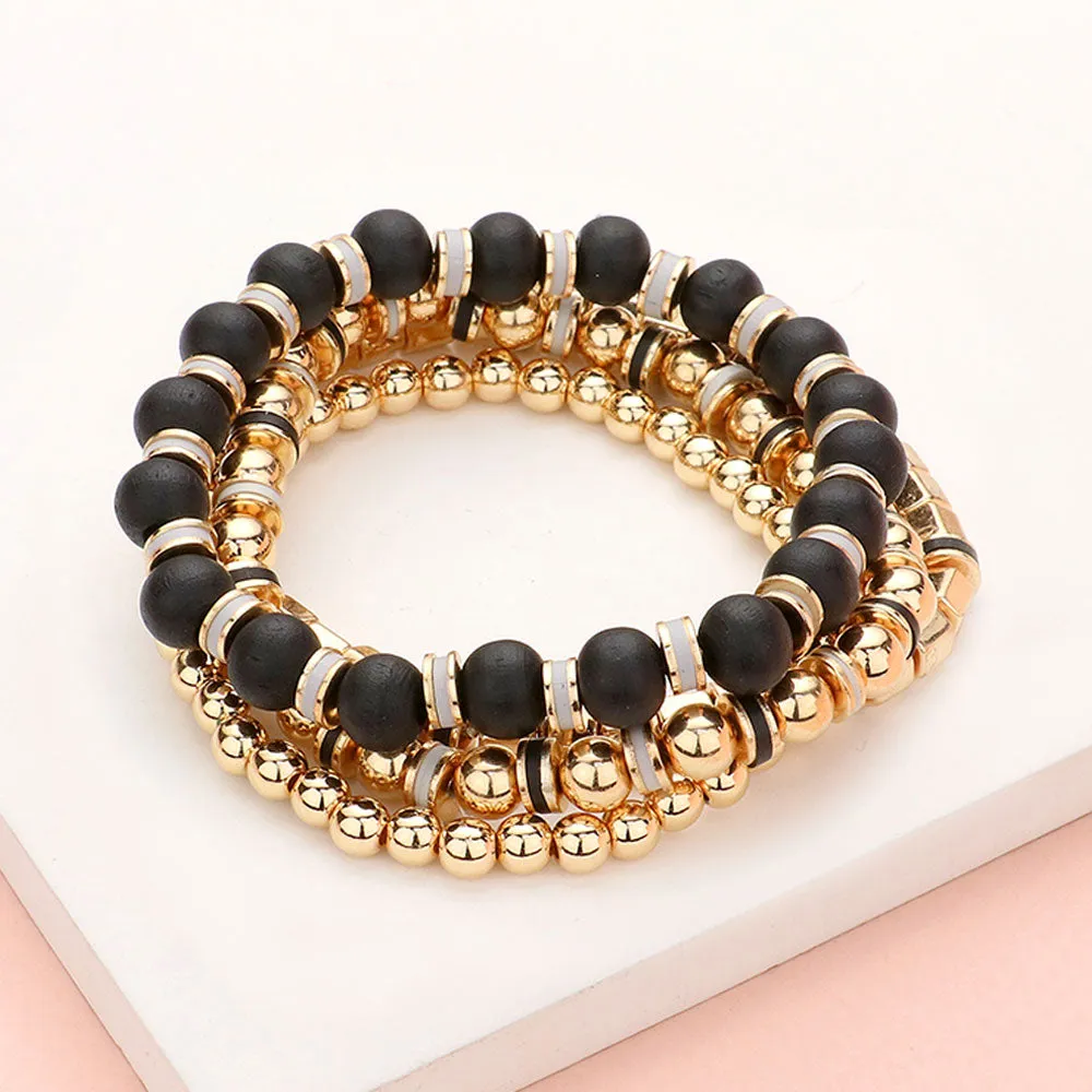 Wood Ball Metal Beaded Stretch Bracelets