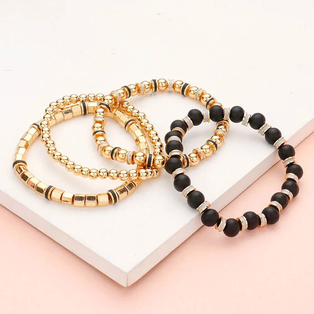 Wood Ball Metal Beaded Stretch Bracelets