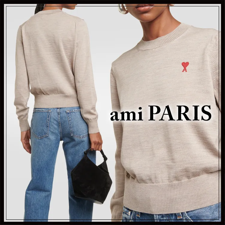 Wool Long Sleeves Office Style Logo Crew Neck Shirt by AMI PARIS