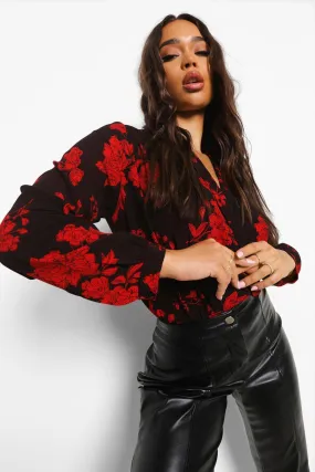Wrap Plunge Front Floral Bodysuit