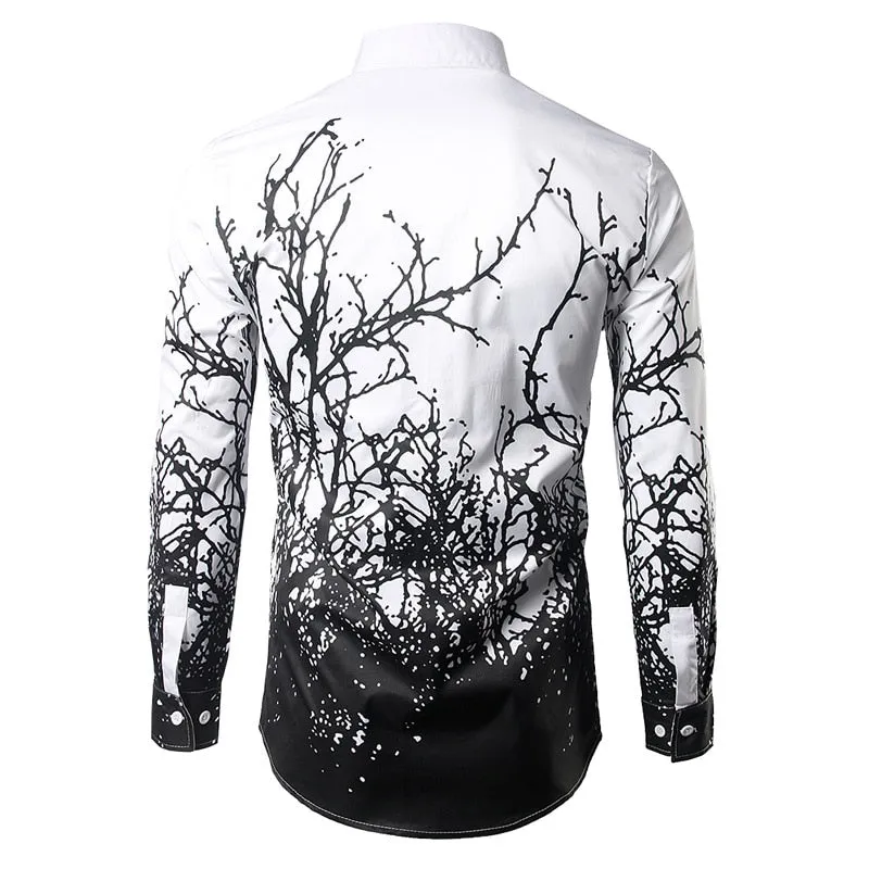 Xituodai Men's Luxury Branches Ink Printing White Black Dress Shirts