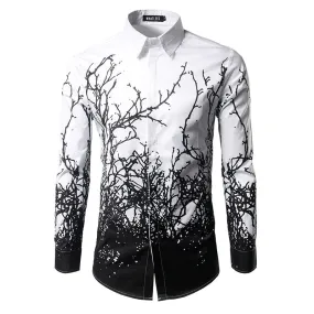 Xituodai Men's Luxury Branches Ink Printing White Black Dress Shirts