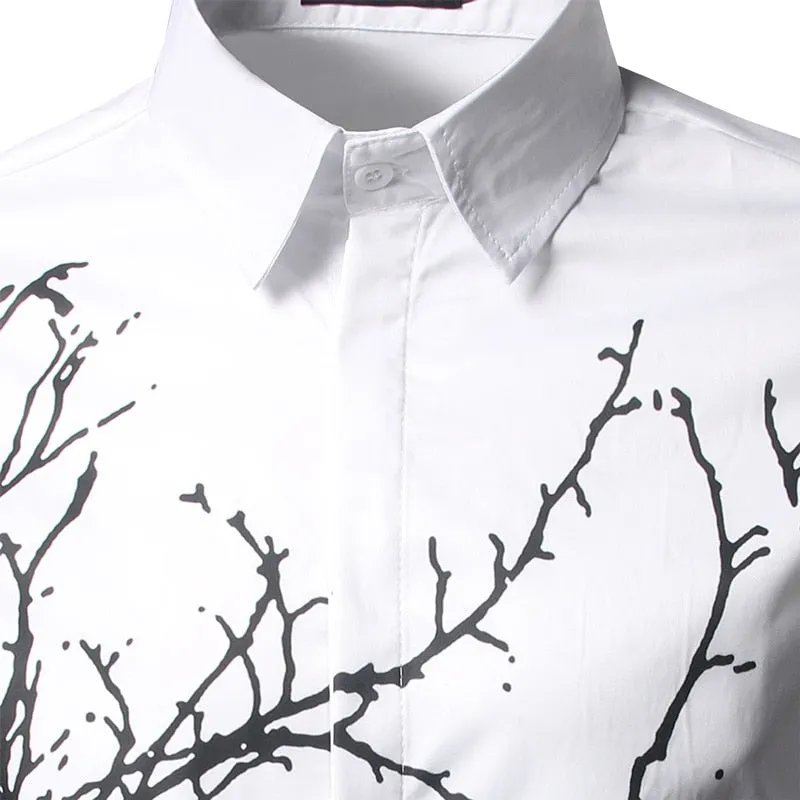 Xituodai Men's Luxury Branches Ink Printing White Black Dress Shirts