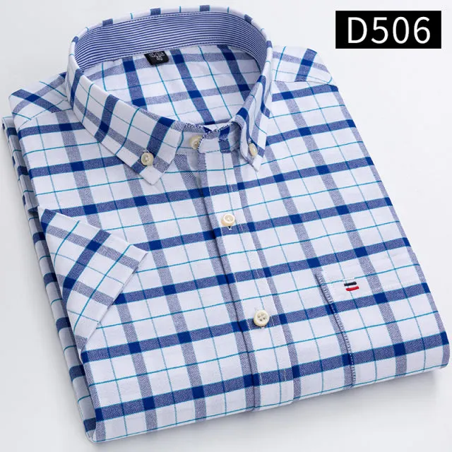 Xituodai Men's Short Sleeve Cotton Shirts, Plus Size Plaid and Striped, Business Casual White