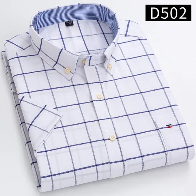 Xituodai Men's Short Sleeve Cotton Shirts, Plus Size Plaid and Striped, Business Casual White