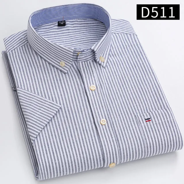 Xituodai Men's Short Sleeve Cotton Shirts, Plus Size Plaid and Striped, Business Casual White