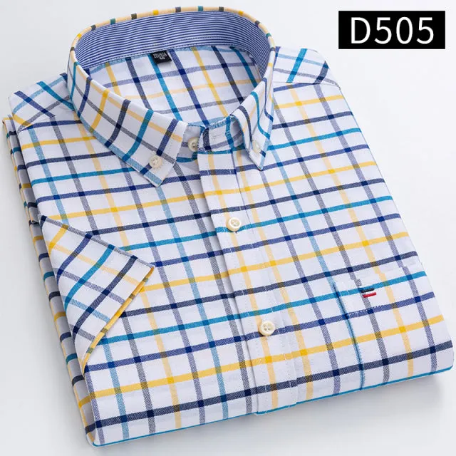 Xituodai Men's Short Sleeve Cotton Shirts, Plus Size Plaid and Striped, Business Casual White