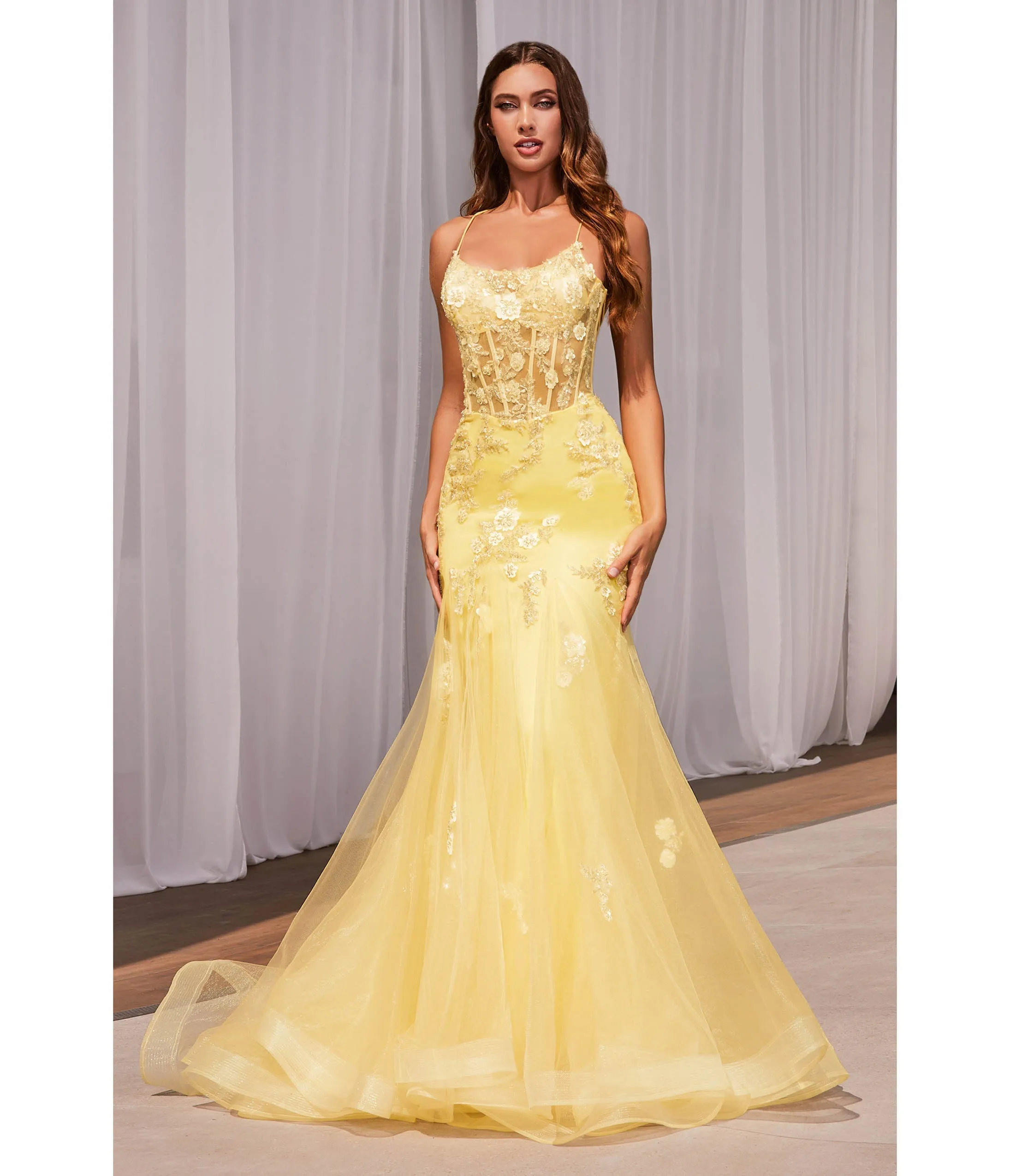 Yellow Floral & Beaded Mermaid Gown