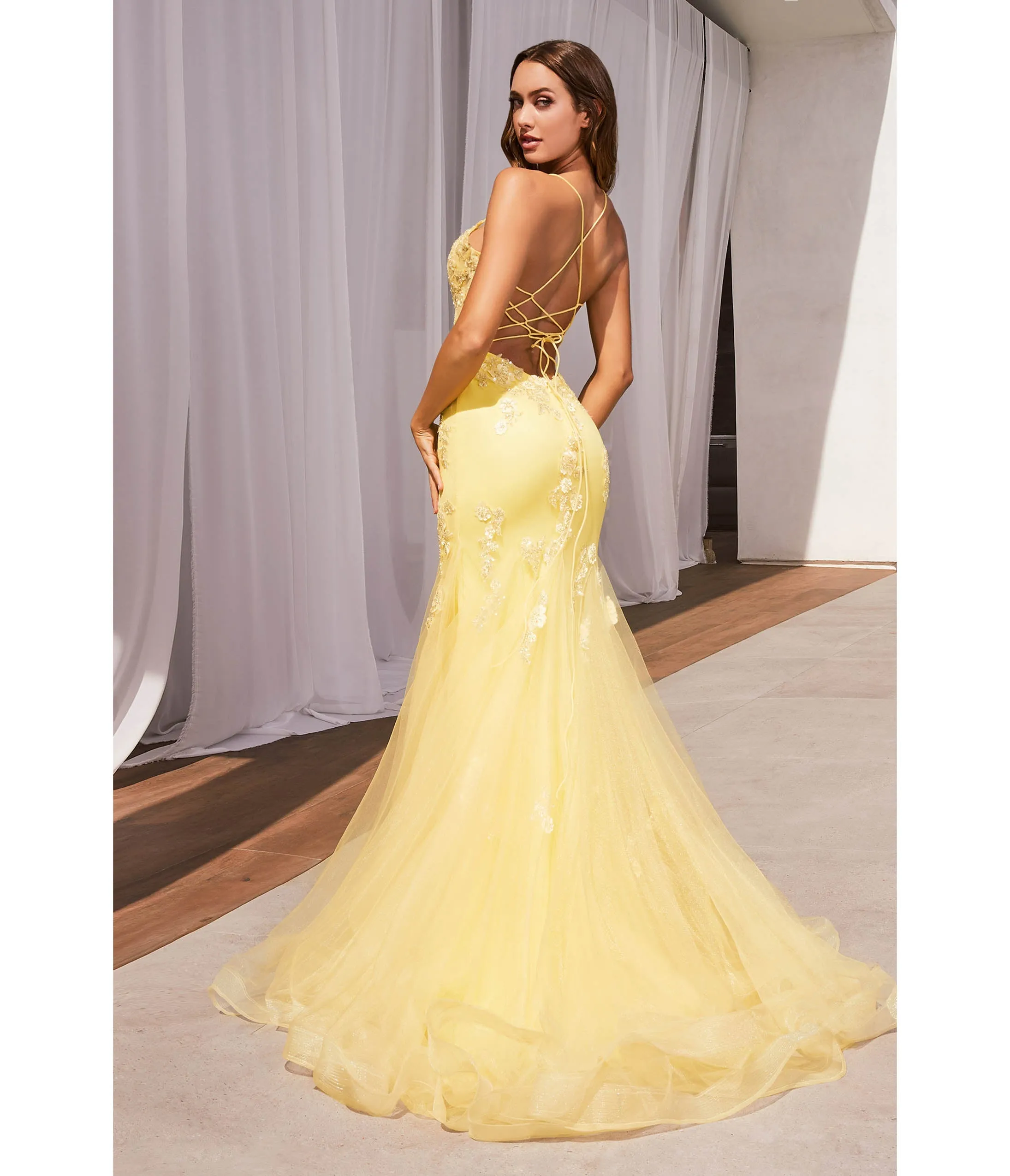 Yellow Floral & Beaded Mermaid Gown